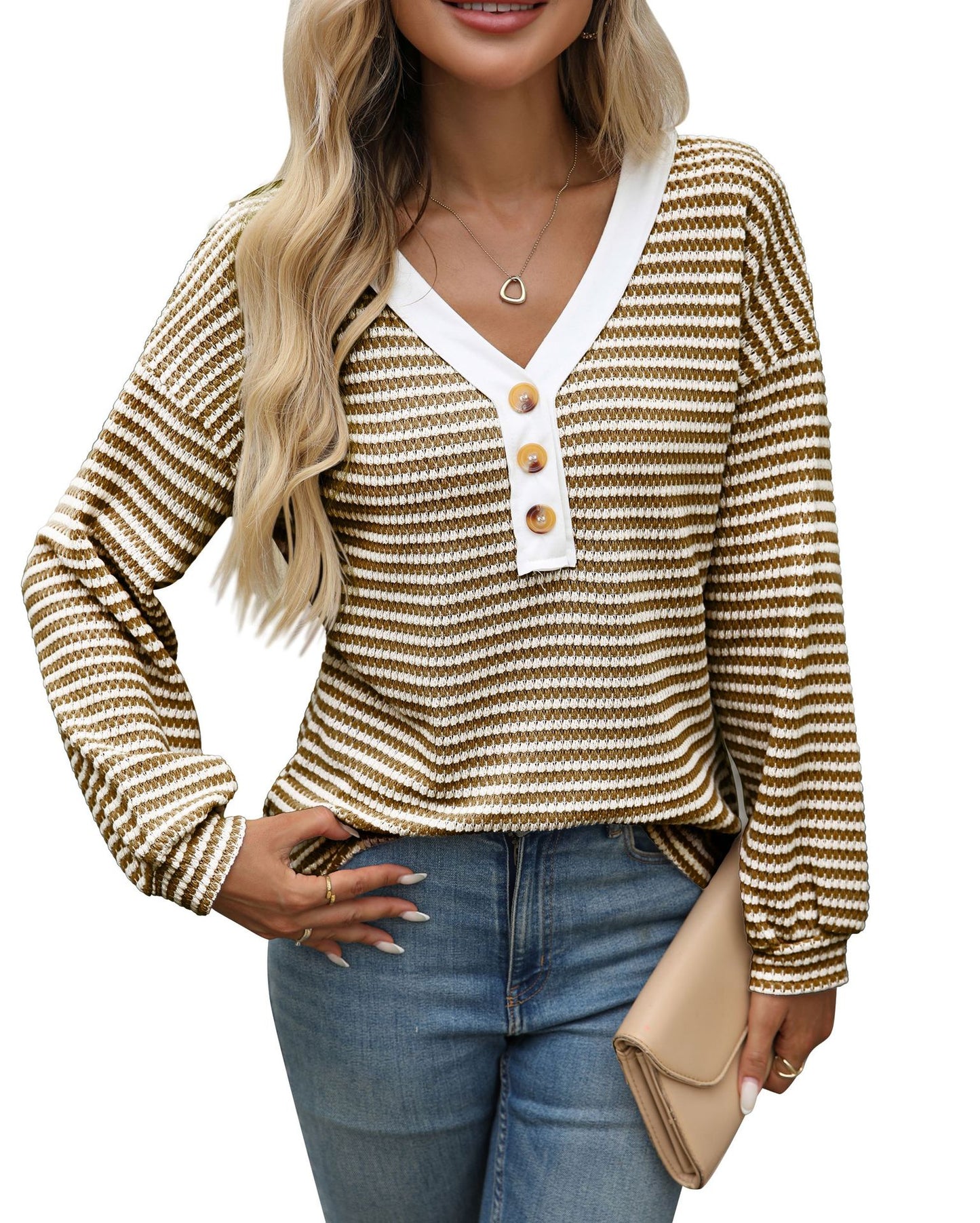 Women's V-Neck Button Pullover - Patchwork Long Sleeve Top