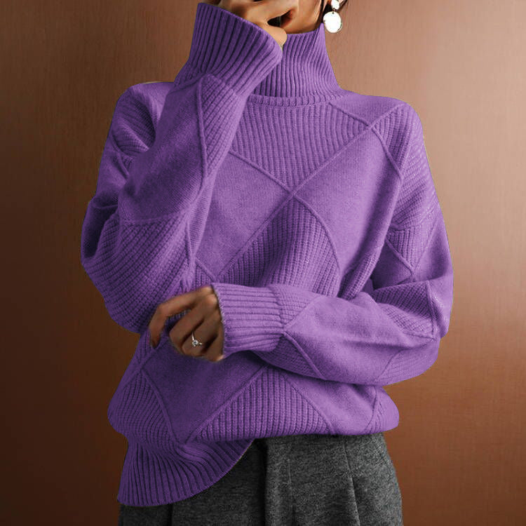 Pull chaud à col haut ample de couleur unie tricoté pour femme
