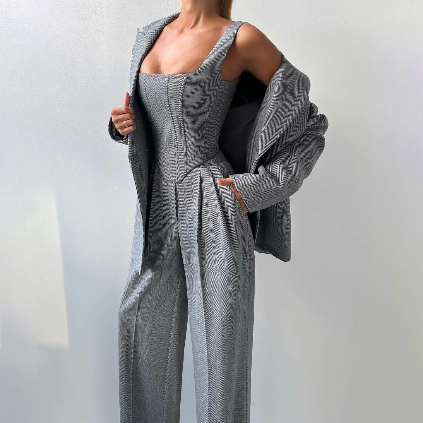 Women's Fishbone Pattern Tailored Suit