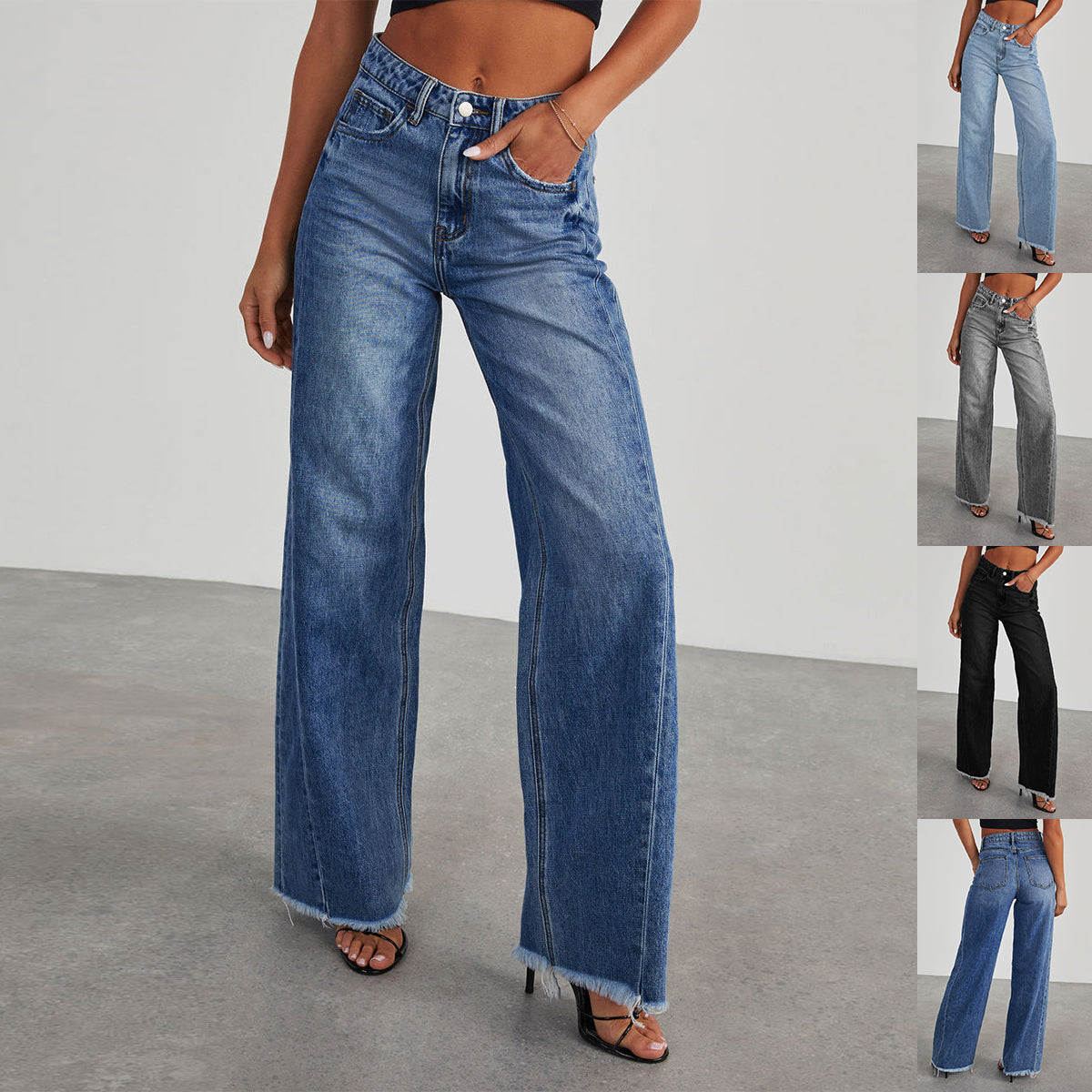 Women's High Waist Straight Wide-Leg Jeans with Pockets