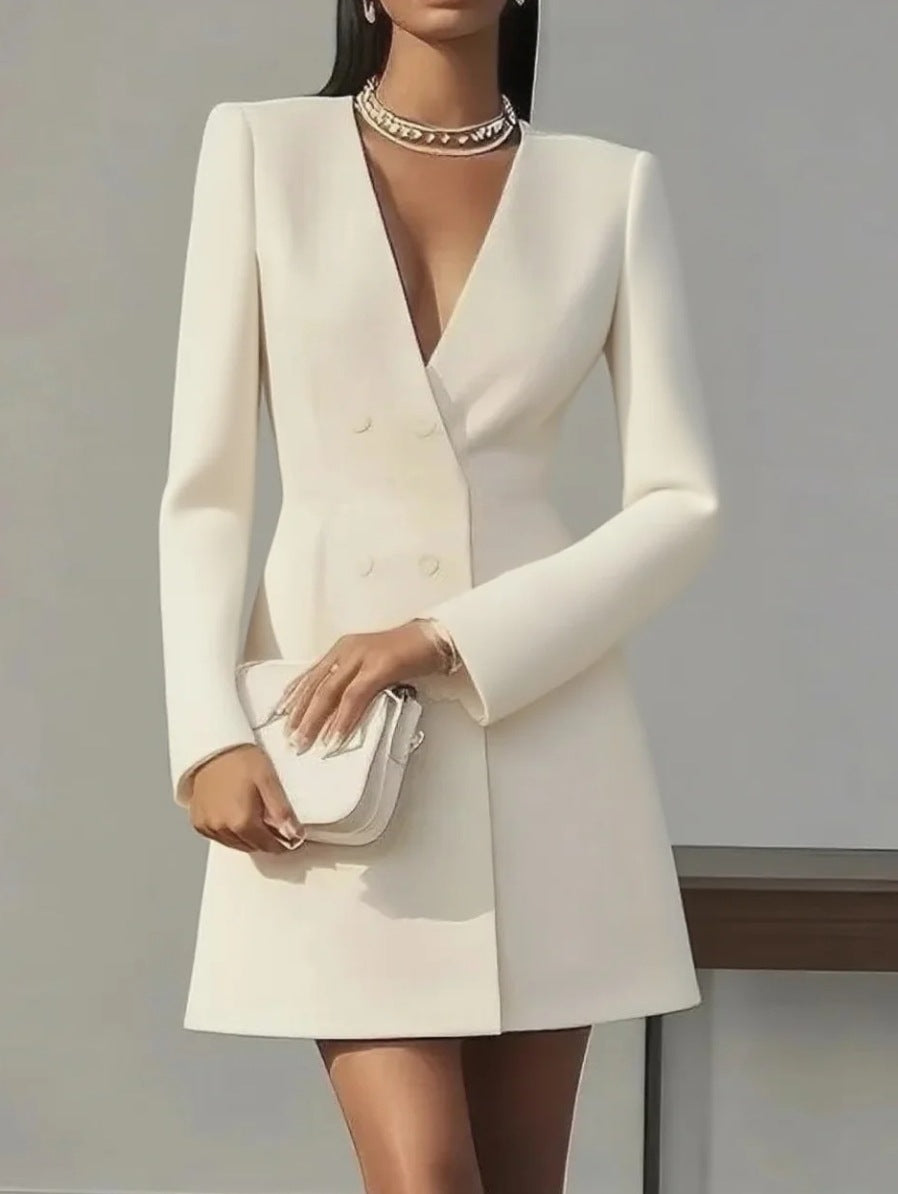 Robe française unie à col en V style tailleur pour femme