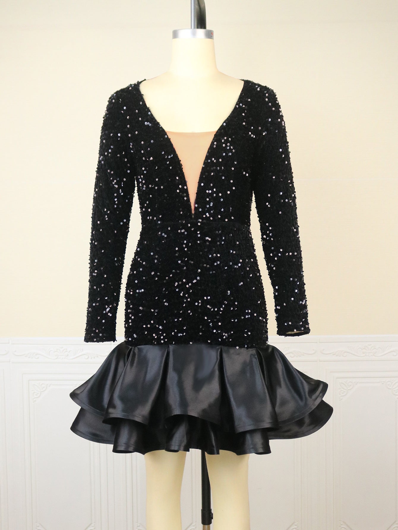 Sequin Deep V-Neck Mini Dress | Black
