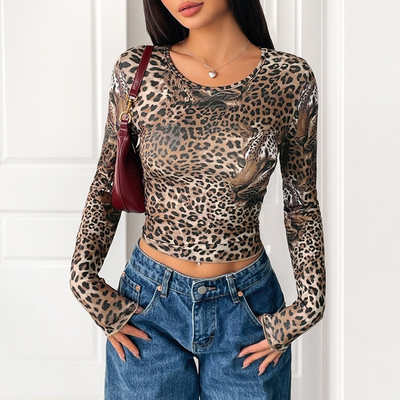 Women's Leopard Print Long Sleeve T-Shirt - Vintage Style