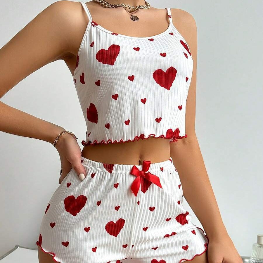 Heart Print Suspender Shorts – Striped Lounge Set