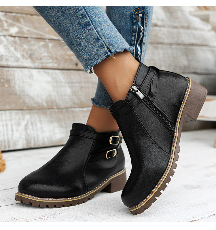 Low-heeled Leather Belt-buckle  Round-toe Ankle Boots