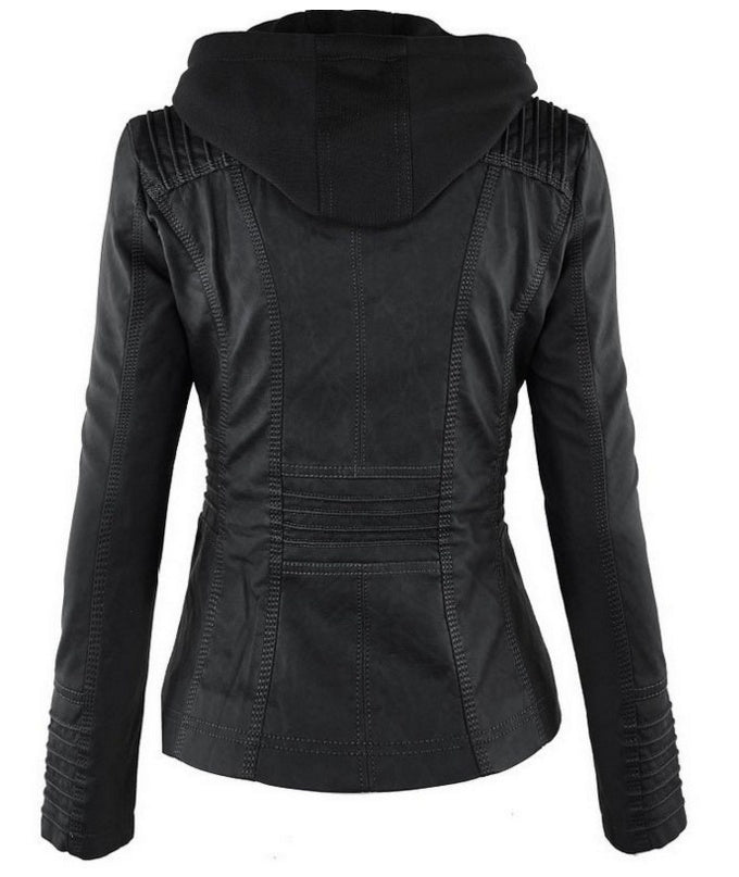 Women's Hooded Leather Jacket - Detachable Hood with Pockets