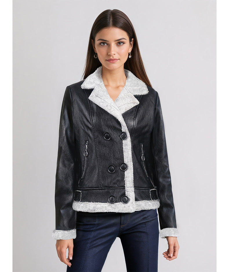 Fleece Padded Women's Leather Coat Black