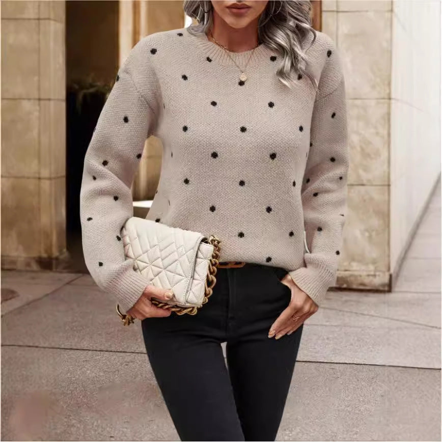 Women's Polka Dot Knitted Pullover Sweater - Long Sleeve Round Neck