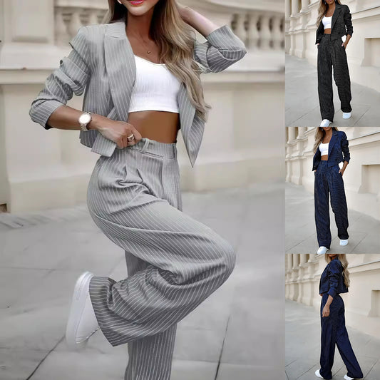 Ensemble deux pièces rayé pour femme - Blazer court et pantalon droit