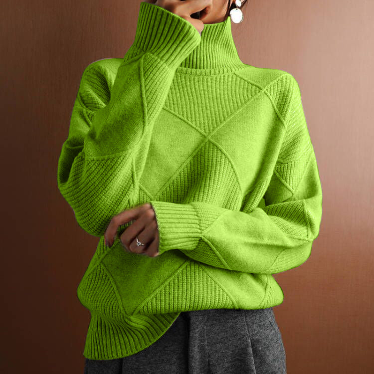 Pull chaud à col haut ample de couleur unie tricoté pour femme