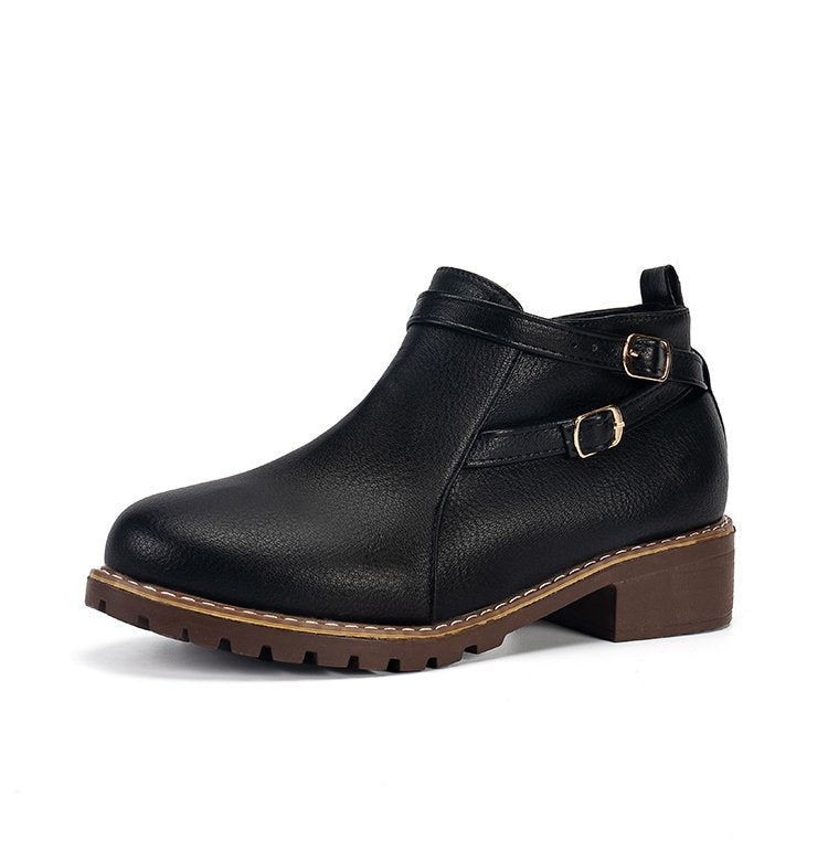Low-heeled Leather Belt-buckle  Round-toe Ankle Boots