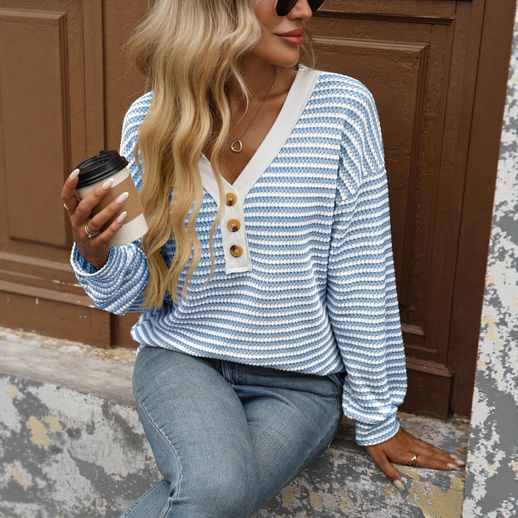 Women's V-Neck Button Pullover - Patchwork Long Sleeve Top