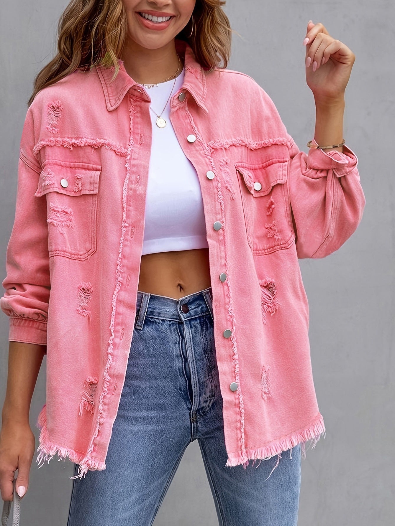 Women's Ripped Denim Shirt Jacket - Casual Spring & Autumn Top