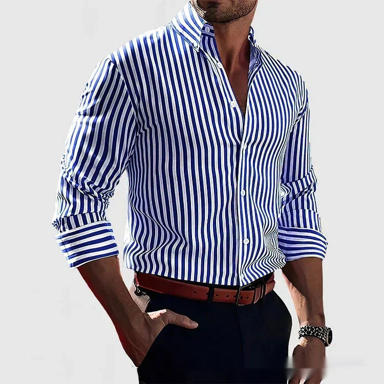 Men's Striped Long Sleeve Lapel Shirt