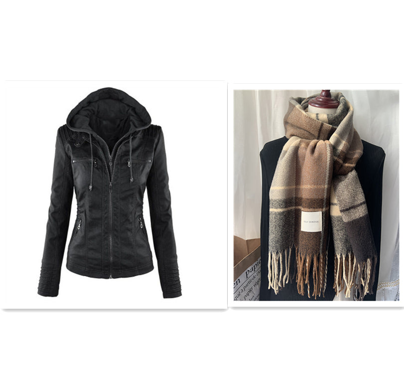 Women's Hooded Leather Jacket - Detachable Hood with Pockets