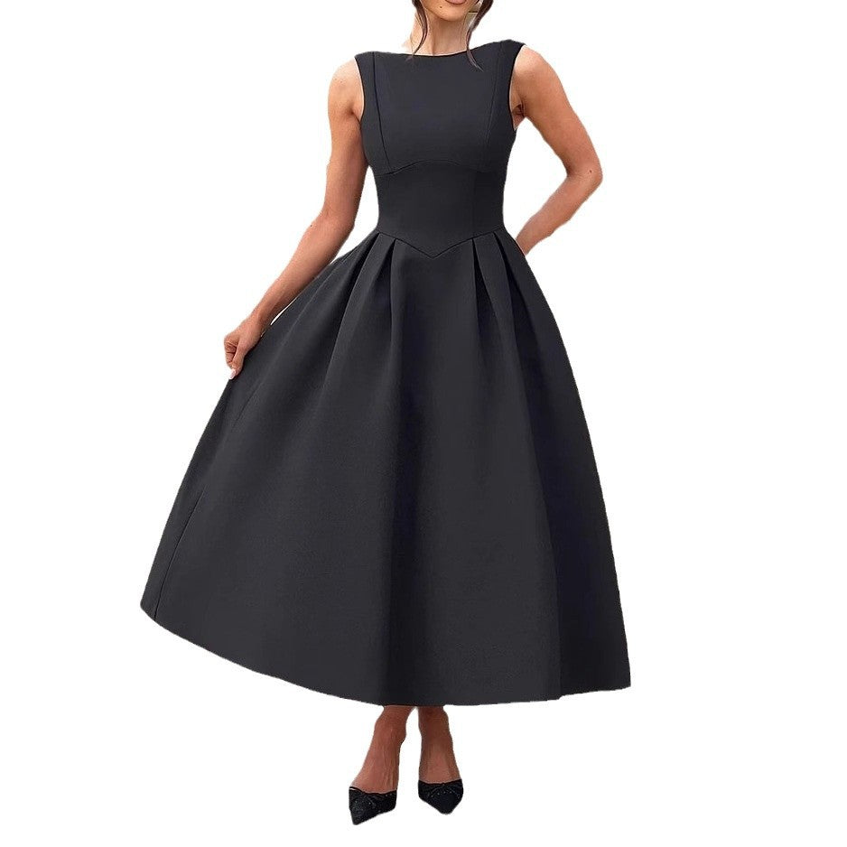 Women's Sleeveless Solid Color Hollow-out Cinched Dress Black