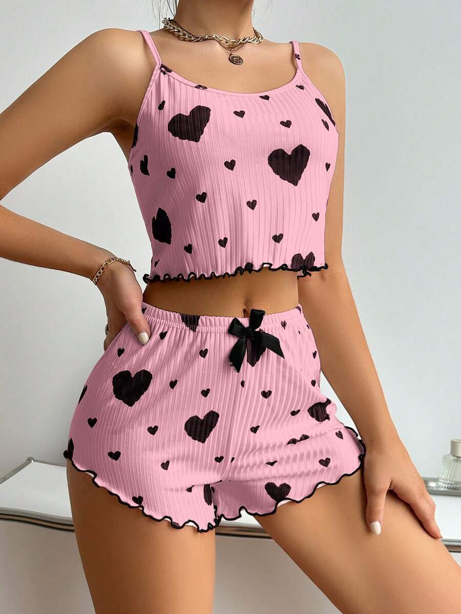 Heart Print Suspender Shorts – Striped Lounge Set