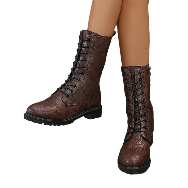 Bottes plates mi-mollet à lacets pour femmes