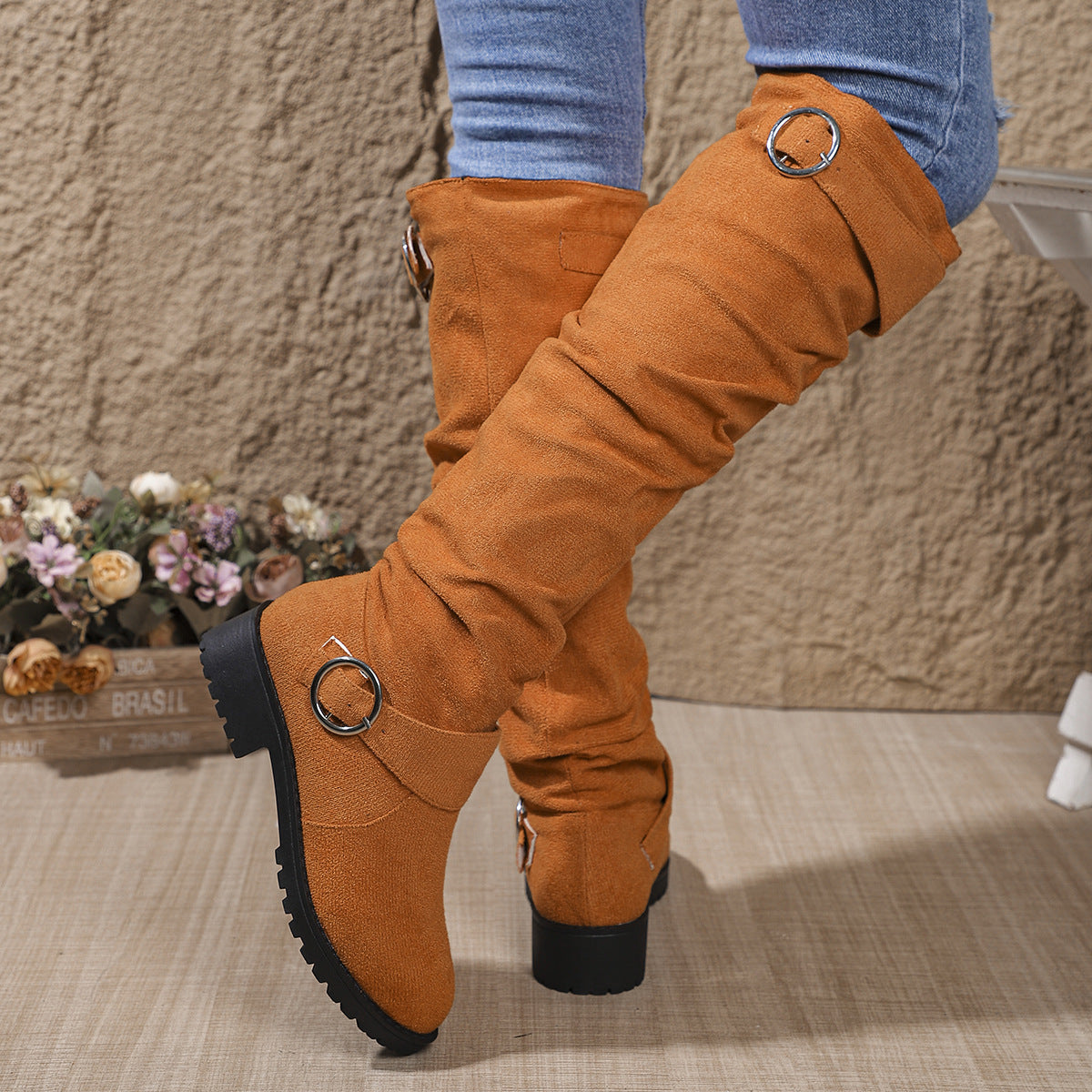 Winter Pleated Buckle High-top  Fashion Boots