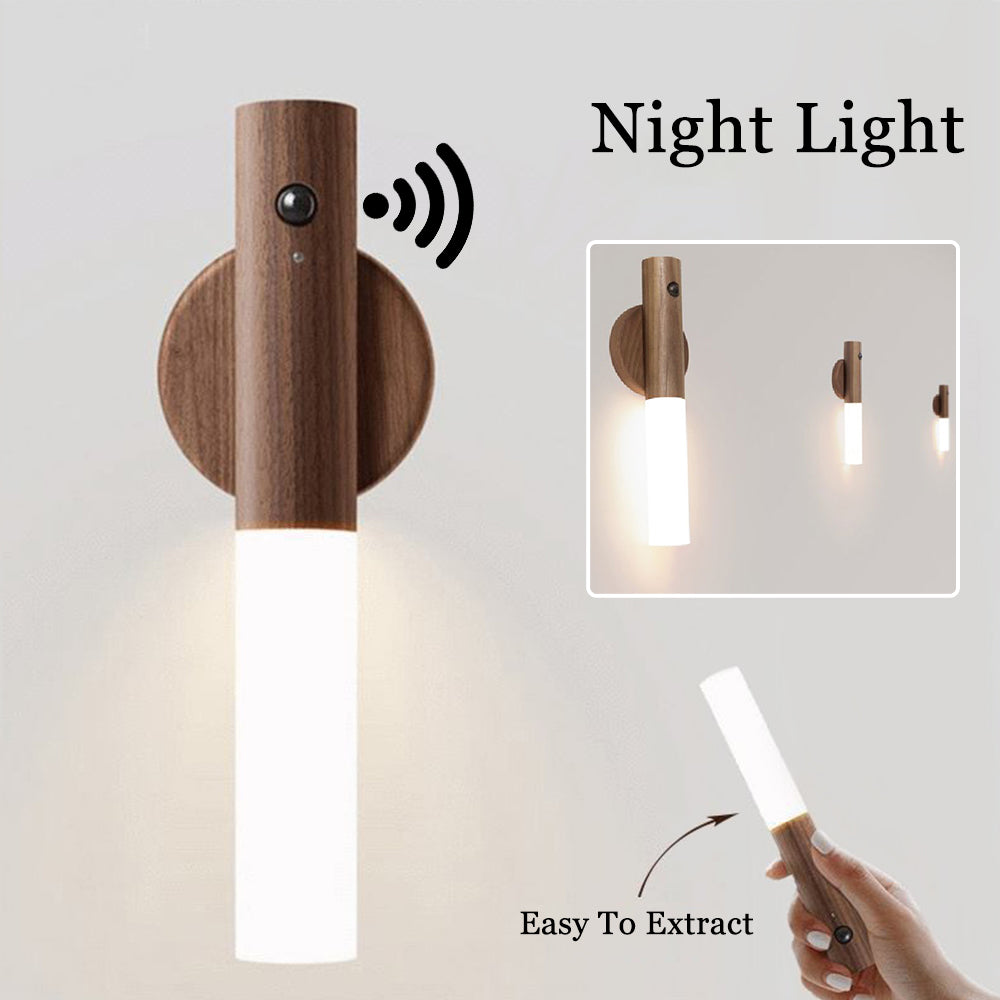 Magnetic Wooden LED Night Light with Motion Sensor - USB Rechargeable Wall Light