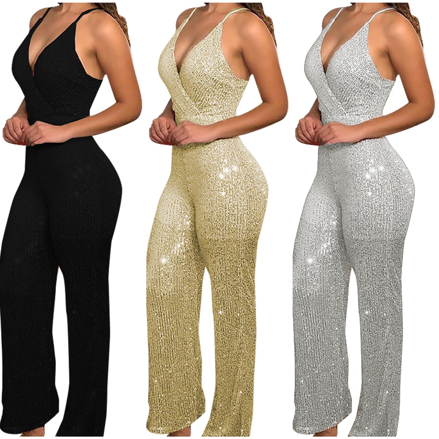 Sequin V-Neck Bodycon Jumpsuit for Women