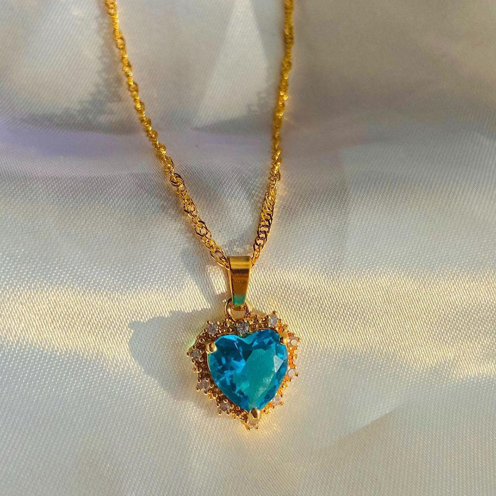 Rainbow Heart Necklace - Gold Rhinestone Clavicle Chain