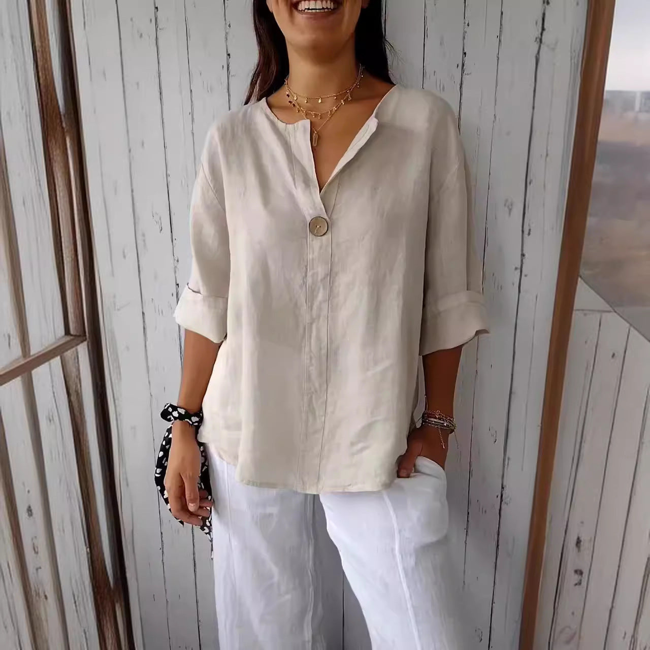 Women's V-Neck Long Sleeve Cotton Linen Button Top