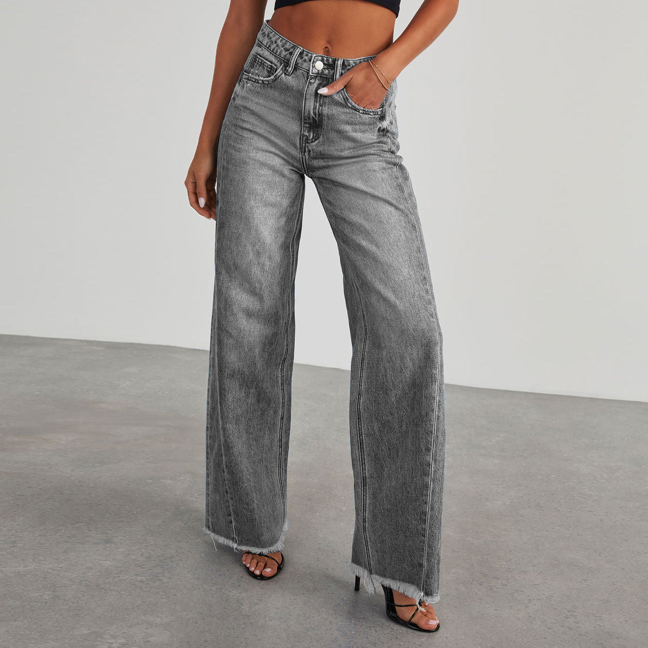 Women's High Waist Straight Wide-Leg Jeans with Pockets