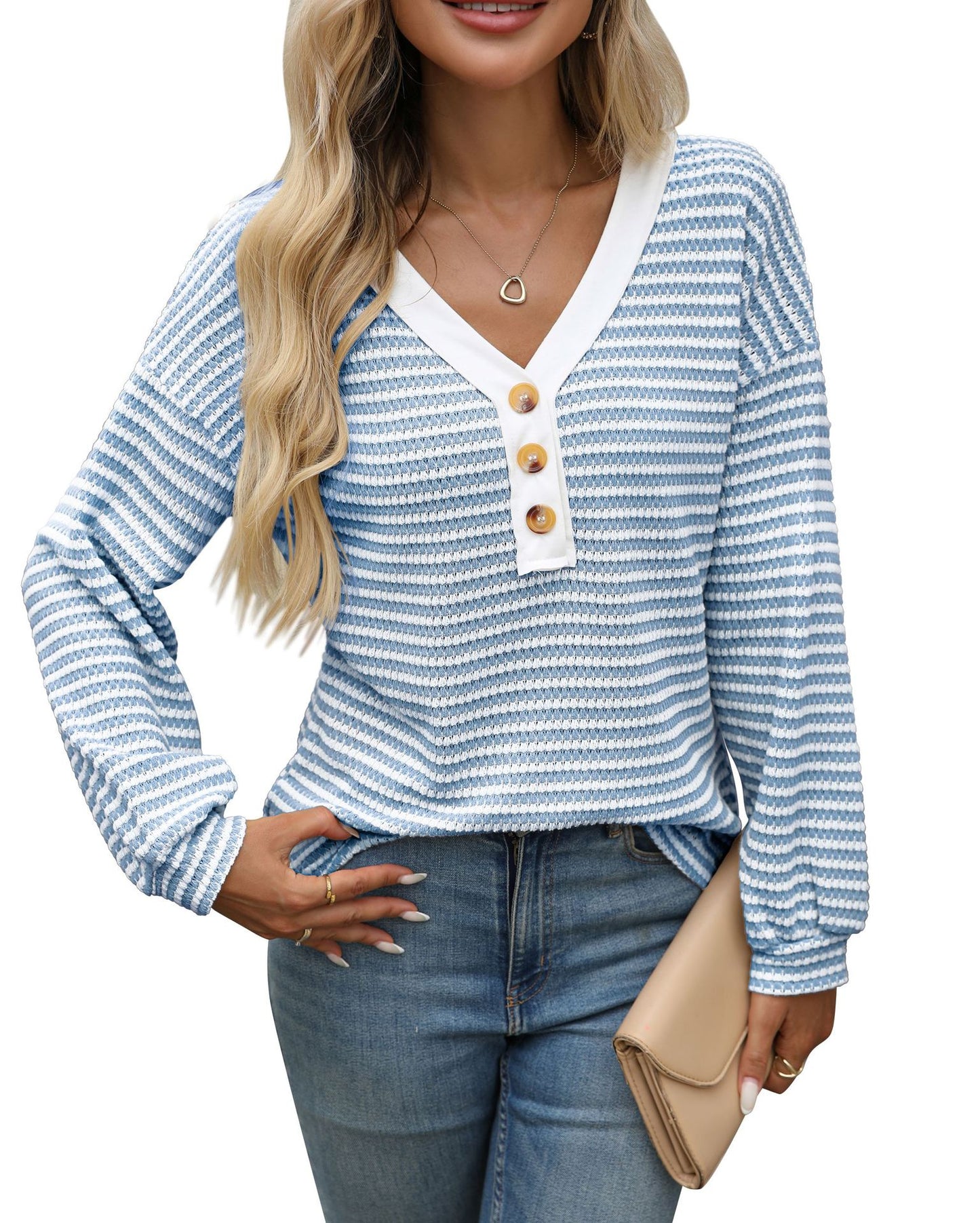 Women's V-Neck Button Pullover - Patchwork Long Sleeve Top
