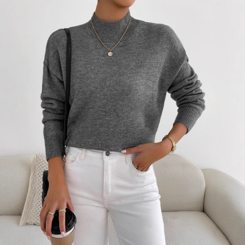 Women's Half-High Collar Knitted Pullover - Solid Color Loose Fit