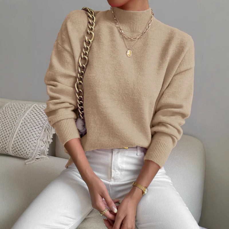 Women's Half-High Collar Knitted Pullover - Solid Color Loose Fit