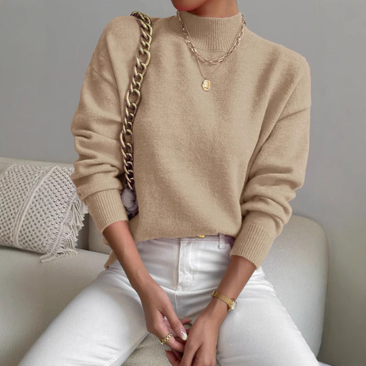 Women's Half-High Collar Knitted Pullover - Solid Color Loose Fit