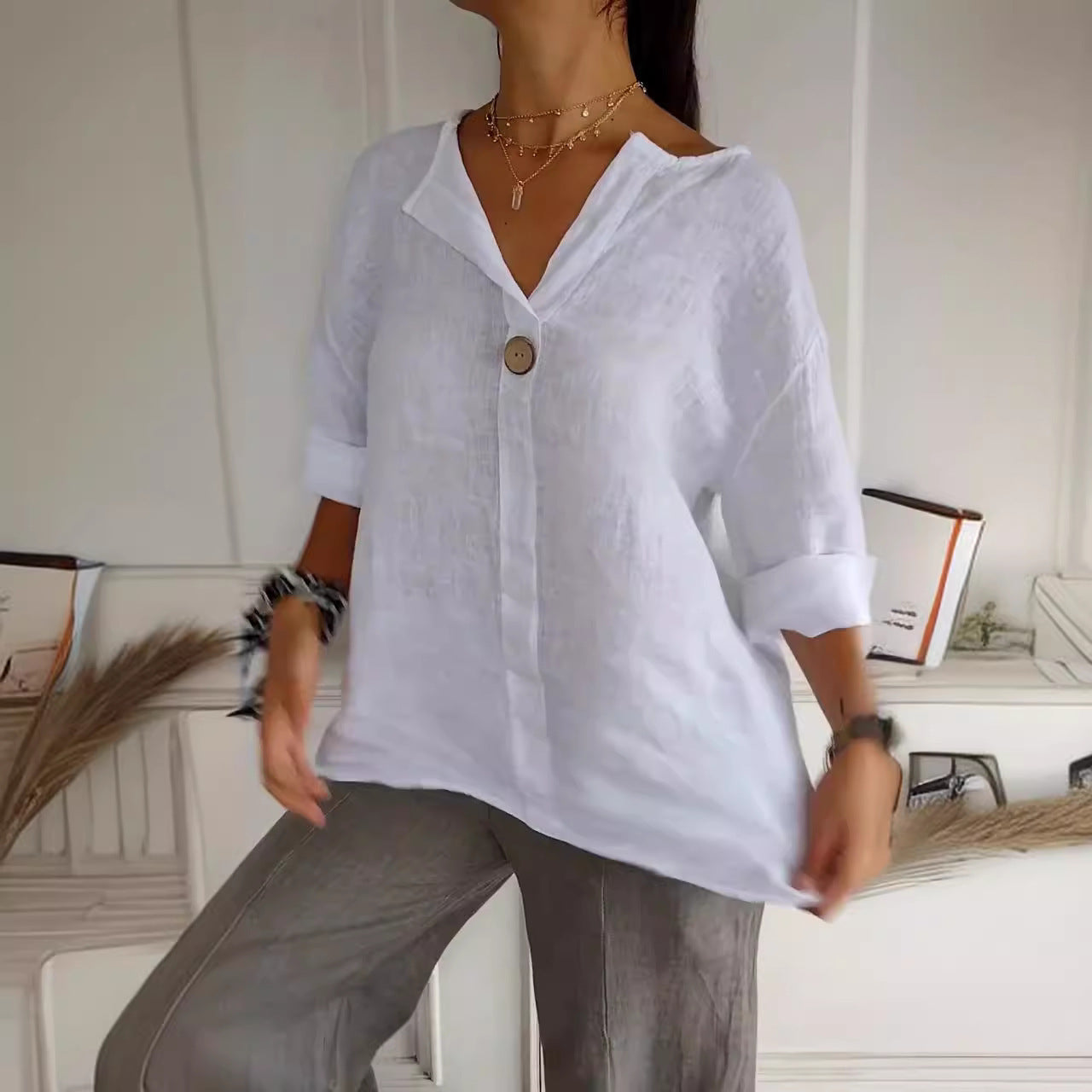 Women's V-Neck Long Sleeve Cotton Linen Button Top