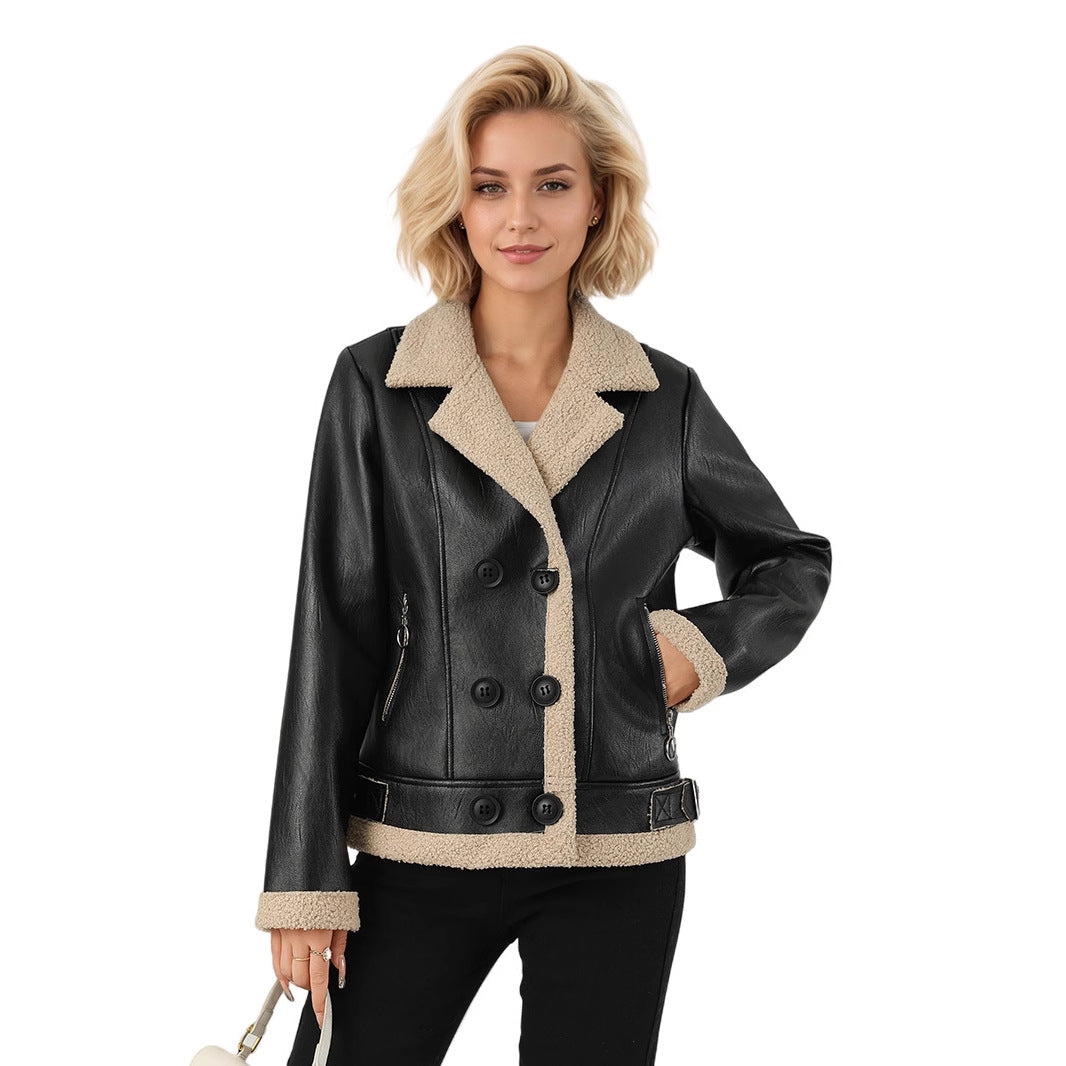 Fleece Padded Women's Leather Coat Black