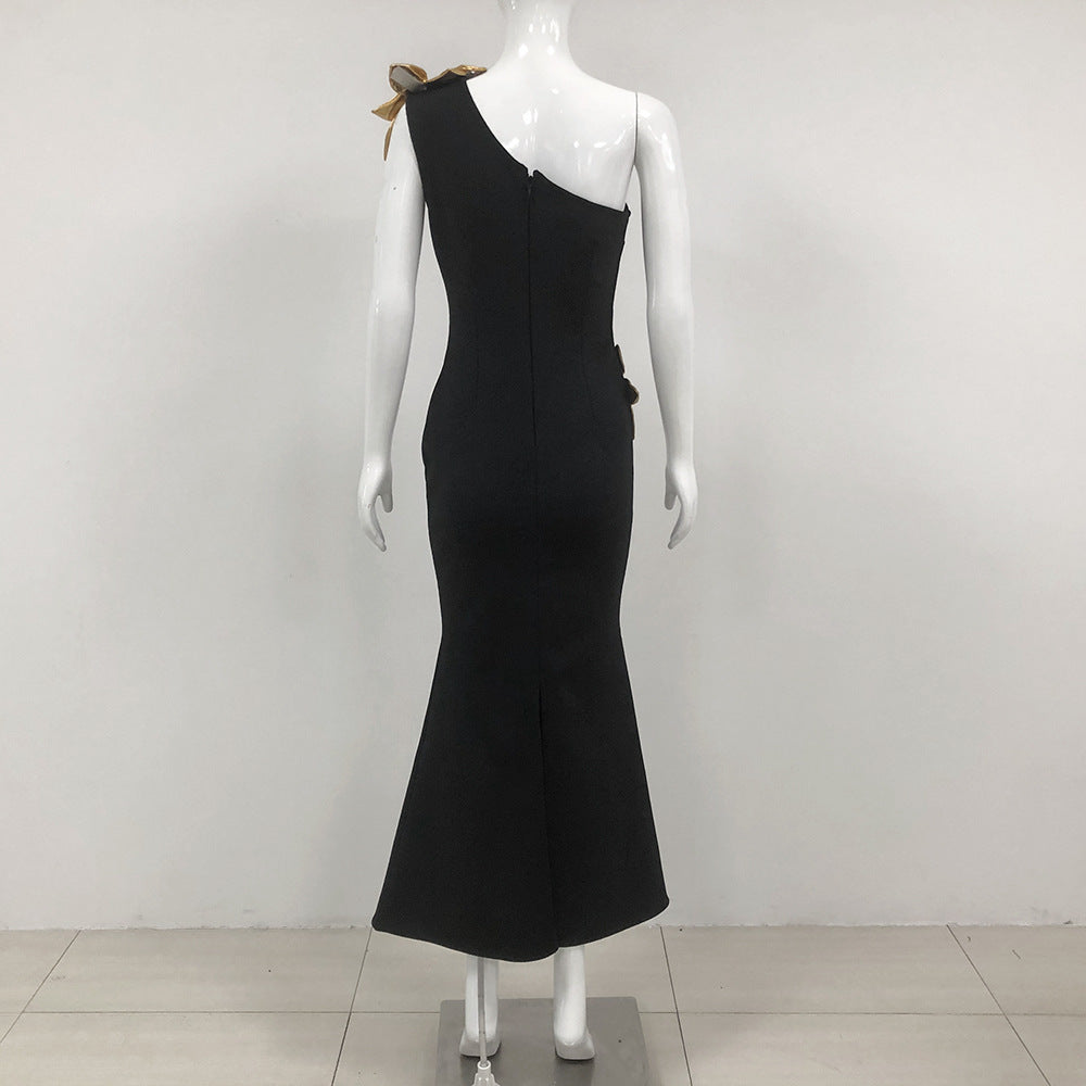 Slim-Fit Golden Floral Bodycon Dress – Black