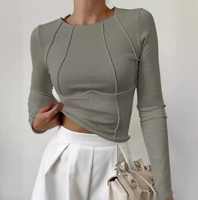 Haut en maille à manches longues coupe ajustée pour femme - Fendu de couleur unie