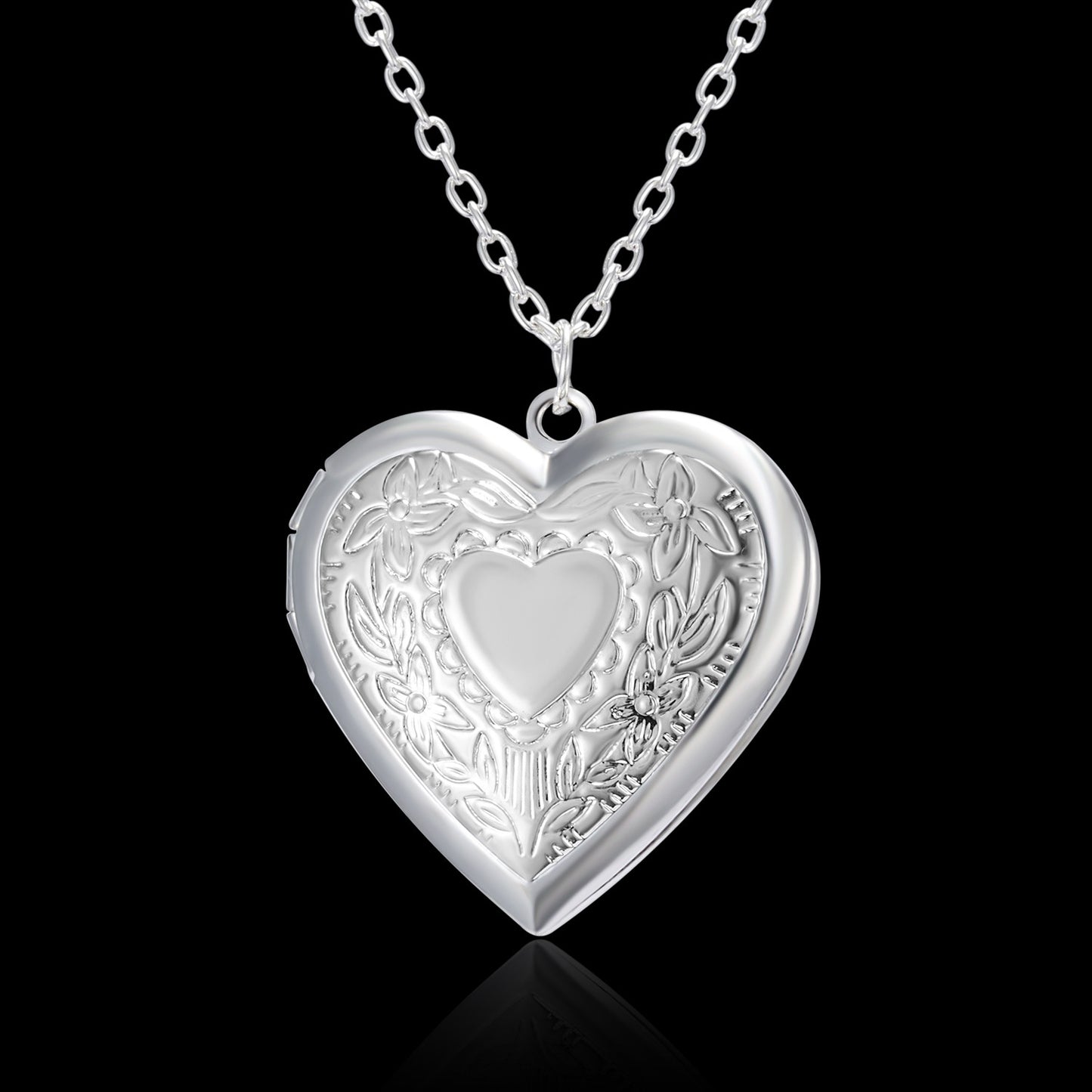 Heart Locket Photo Pendant Necklace - Carved Love Design