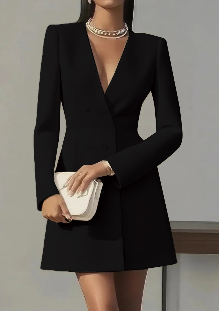 Robe française unie à col en V style tailleur pour femme