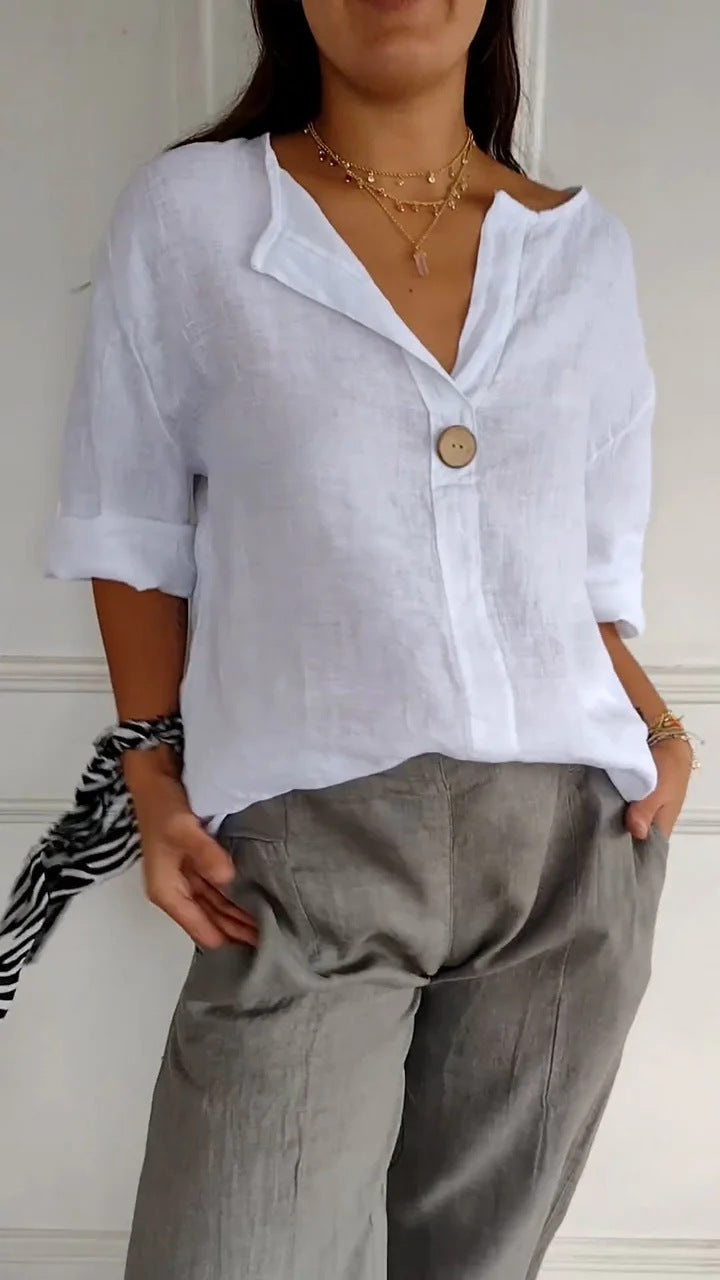 Women's V-Neck Long Sleeve Cotton Linen Button Top