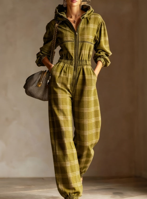Vintage Plaid Hooded Jumpsuit - Casual Loose Fit Long Sleeve