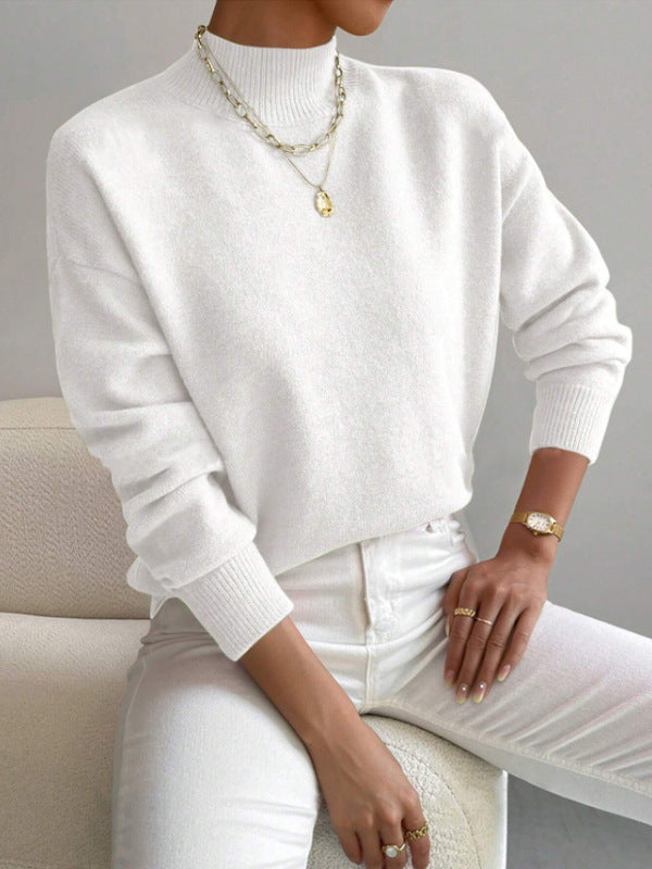 Women's Half-High Collar Knitted Pullover - Solid Color Loose Fit