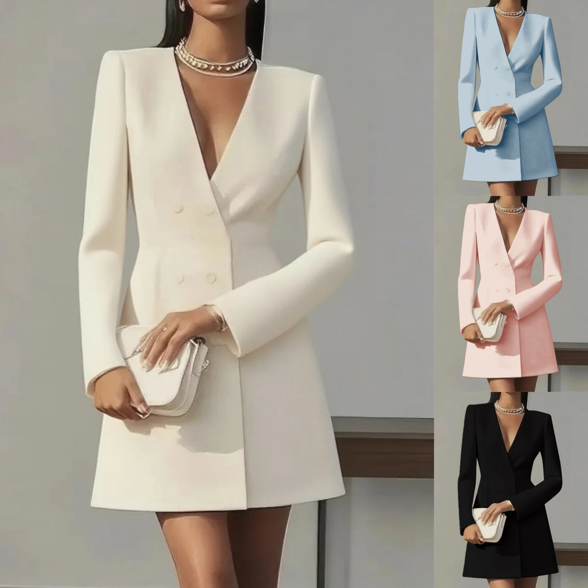 Robe française unie à col en V style tailleur pour femme