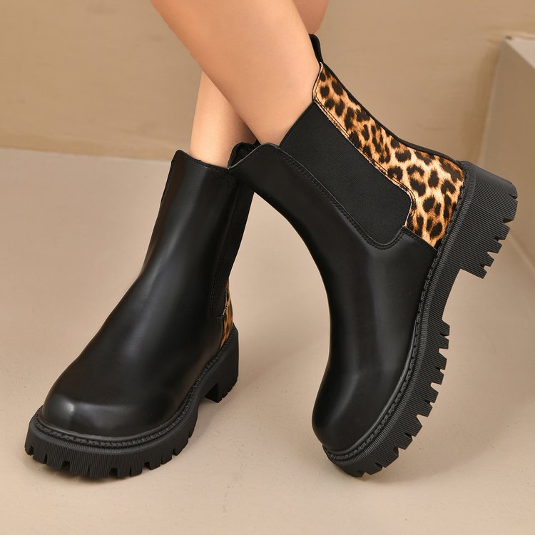 Bottes décontractées tout-aller à bout rond, talon épais et patchwork