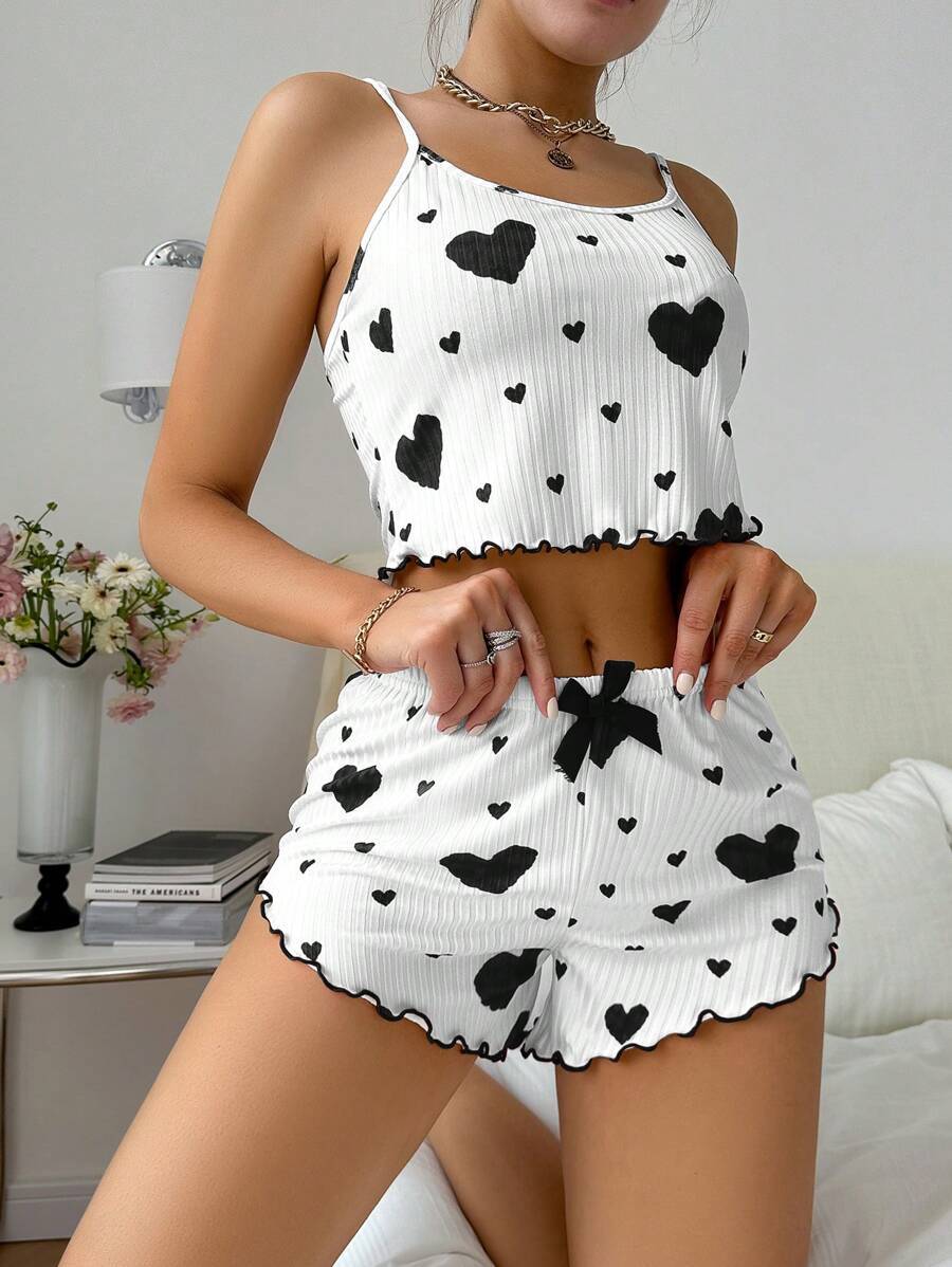 Heart Print Suspender Shorts – Striped Lounge Set