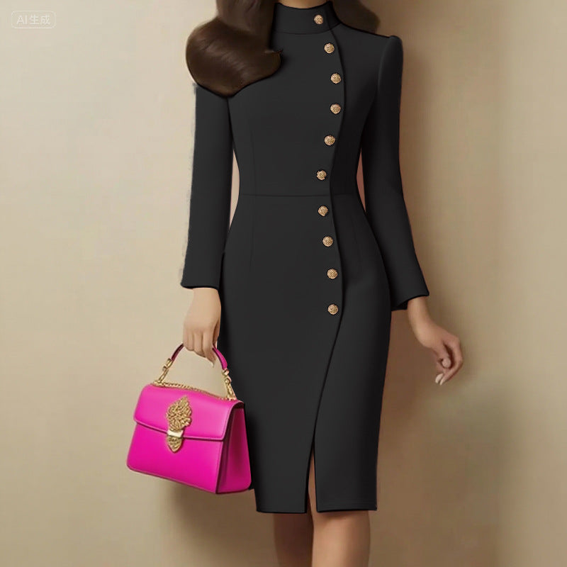 Women's Long Sleeve Stand Collar Button-Front Midi Dress