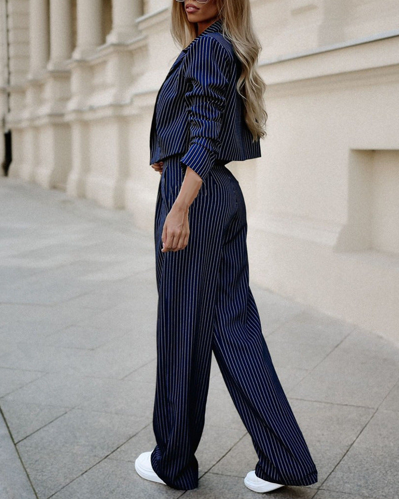 Ensemble deux pièces rayé pour femme - Blazer court et pantalon droit