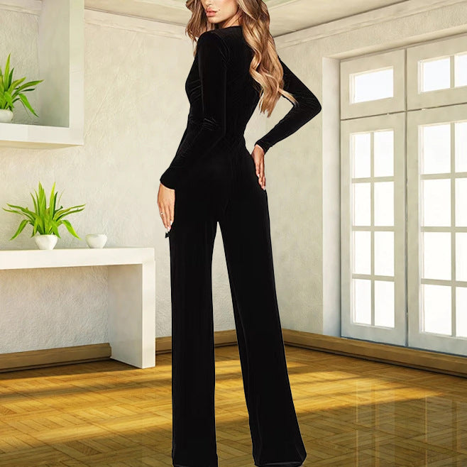 Velvet Long Sleeve Wide-Leg Jumpsuit for Women