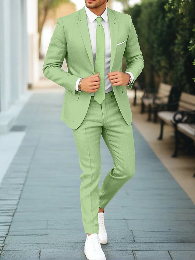 Men's Linen Single-Breasted Suit Jacket and Pants