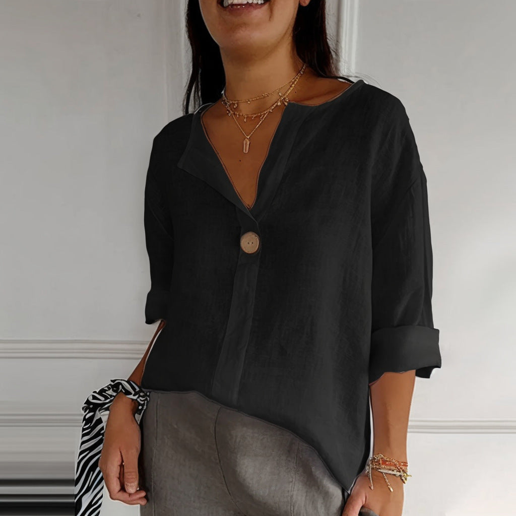 Women's V-Neck Long Sleeve Cotton Linen Button Top