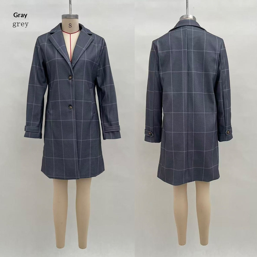 Women's Plaid Mid-Length Lapel Jacket - Plus Size